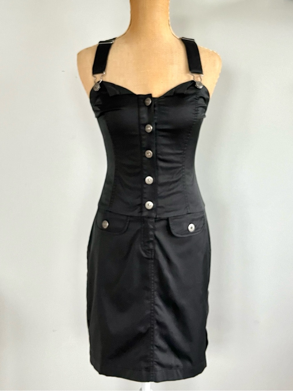 Vintage Guess Jeans Y2K Black Utility Corset Bodycon Mini Dress Size 3